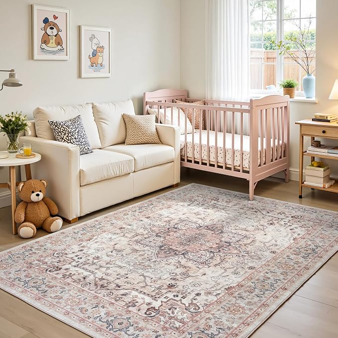 8x10 Dusty Pink Large Area Rugs for Living Room - Boho Light Pink Medallion Aesthetic Distressed Washable Rug, Soft Non-Slip Backing Low Pile Carpet for Playroom, Bedroom, Nursery