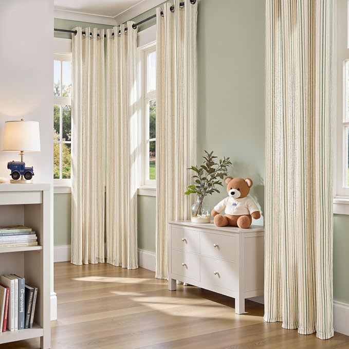 jinchan Linen Curtains 96 inch Green Stripe for Kids Room Grommet 2 Panels | Kids Curtains for Nursery Living Room Bedroom Baby Boys Room,Cute Colorful Ticking Stripe,Cottagecore Rustic,Light Filtering
