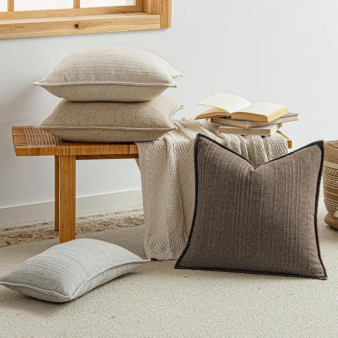 a moment Linen Pillow Covers Set of 2,Boho Farmhouse Throw Pillowcases Neutral Textured Decorative Covers for Couch Sofa,Soft Linen Blend Accent Case Cushion Home Decor 26"x26"Coco Brown