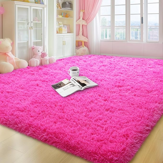 qulint Hot Pink Area Rug for Living Room, 6x9 Shag Fluffy Rug for Bedroom | Fuzzy Plush Alfombras Para Salas Modernas, Shaggy Large Carpet for Office Classroom Dorm Home Decor