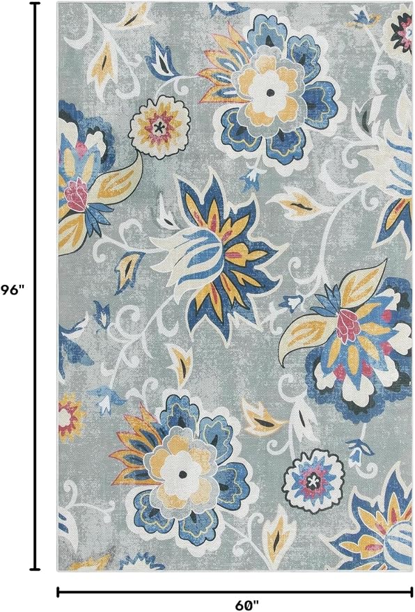 Lahome Floral Indoor Outdoor Rug, 5x8ft Non Slip Outdoor Patio Rug for Camping Picnic, Portable Outdoor Carpet for Balcony Deck Backyard, Washable RV Mat Outdoor Rugs for Living Room Bedroom,Multi