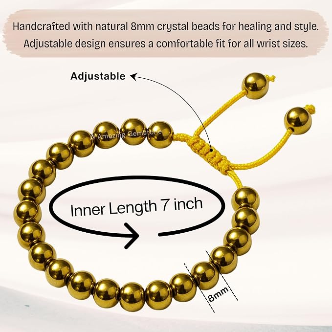 Amazing Gemstone Golden Hematite Bracelet, Gifts for Men & Women - Protection Healing Crystal Bracelet - 8mm Gemstone Beaded Adjustable Bracelet, Pulseras para Hombres Mujer Stocking Stuffers