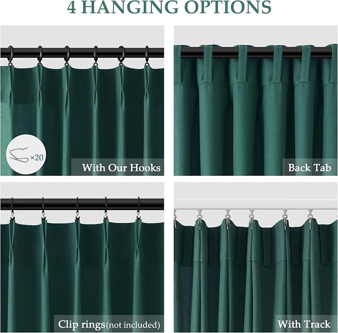 Aersas Dark Green Pinch Pleated Linen Curtains 90 Inch Length 2 Panels for Living Room Bedroom Semi Sheer Window Curtain Boho Neutral Back Tab Pinch Pleat Drape with Hooks 40x90