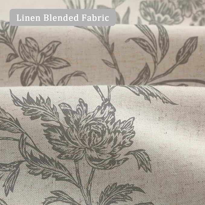 Grey Floral 100% Blackout Curtains for Bedroom 84 Inch Length 2 Panels Set, Linen Texture Farmhouse Curtains for Living Room