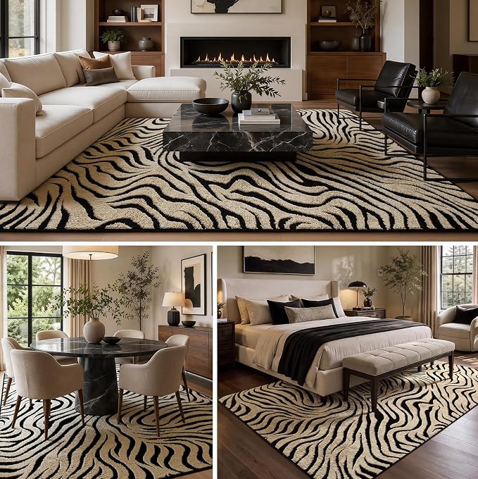 YIHOUSE 6×9 Ft Zebra Area Rugs Black and Beige: Washable Nonslip Plush Soft Rug for Living Room - High-Low Striped Carpet for Bedroom Dining Room Office Playroom Nursery Home Decor