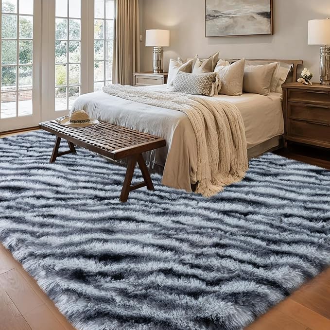 qulint Zebra Rug for Living Room, 6x9 Fluffy Large Area Rug for Bedroom | Soft Shaggy Modern Striped Carpet, Plush Animal Alfombras for Dorm Room Nursery Classroom Kid Room Home Decor Aesthetic