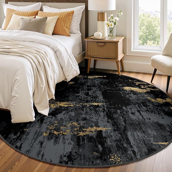 RELEANY Washable Area Rugs 6ft Non-Slip Modern Abstract Soft for Living Room Entryway Bedroom Kitchen, Print Pattern, Dark Black Gold