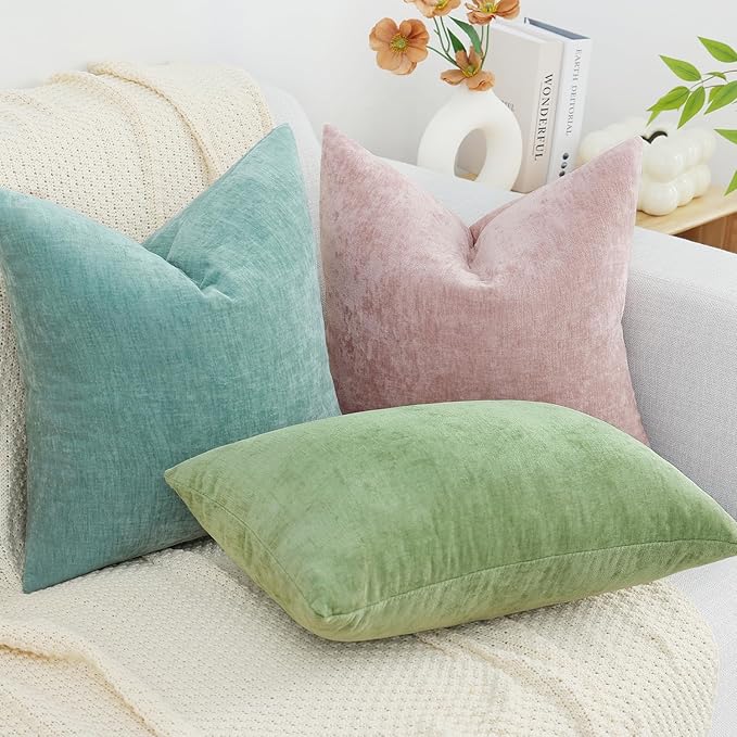 decorUhome Soft Chenille Aqua Haze Throw Pillow Covers 16X16 Set of 2 | Decorative Fall Couch Pillow Covers Solid Dyed Accent Modern Farmhouse Neutral Square Pillow Cases for Sofa