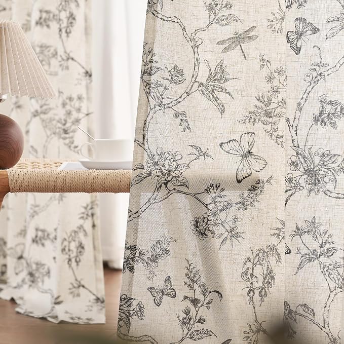 Lazzzy Charlotte Linen Black Floral Curtains 90 Inch Length Farmhouse Curtain Back Tab Drapes for Living Room Bedroom Light Filtering Vintage Rod Pocket Curtains, 2 Panels, Black on Beige