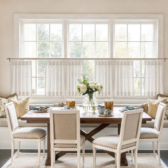 Vision Home Natural Linen Pinch Pleated Tier Curtains 24 inch, Semi Sheer Kitchen Curtains with Back Tab & Hooks, Light Filtering Small Window Panels for Bathroom Laundry, 25" Wx24 Lx2
