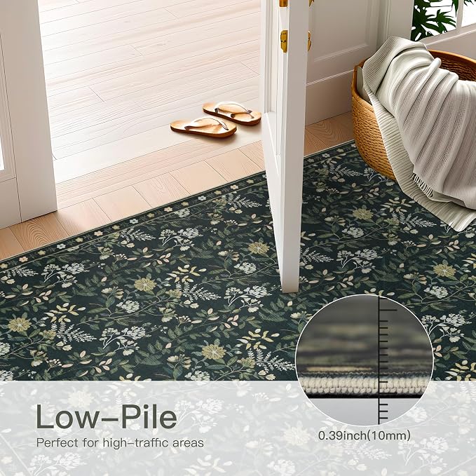 8x10 Vintage Washable Area Rug, Green | Living Room,Low Pile Non Slip Carpet Non-Shedding Large Soft Indoor Stain Resistant Floral Print Mat for Bedroom Dining Room