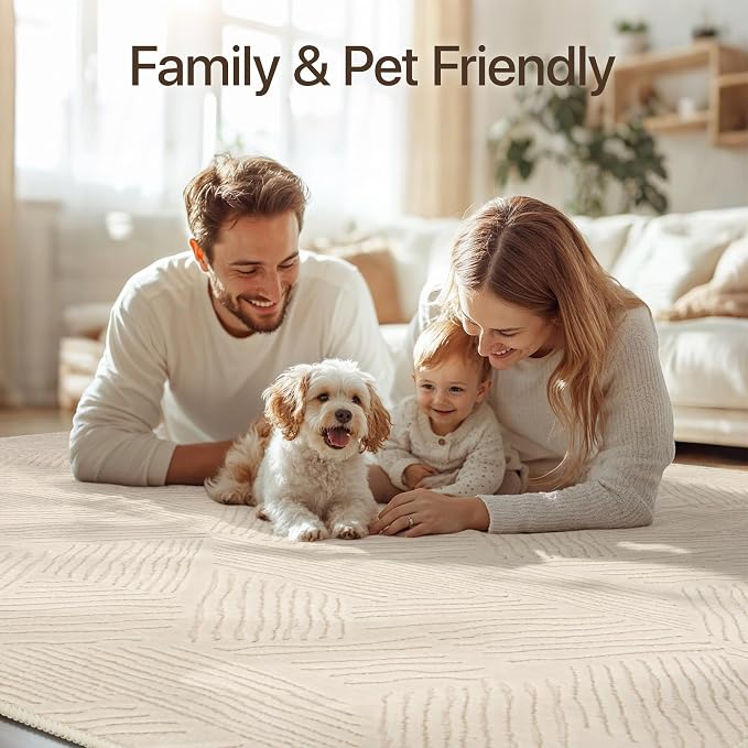 GENIMO Soft Washable Area Rugs 5x7, 3D Modern Stripe Textured Living Room Rug, High-Low Pile Non Slip Fuzzy Carpet, Non-Shedding Stain Resistant Thin Beige Carpet for Bedroom, Dining Room, Nursery