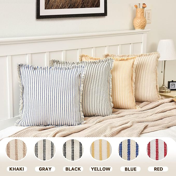 ZWJD Throw Pillow Covers 18x18 Set of 2 Striped Pillow Covers with Fringe Chic Cotton Decorative Pillows Square Cushion Covers for Sofa Couch Bed Living Room Farmhouse Decor(Bright Blue)