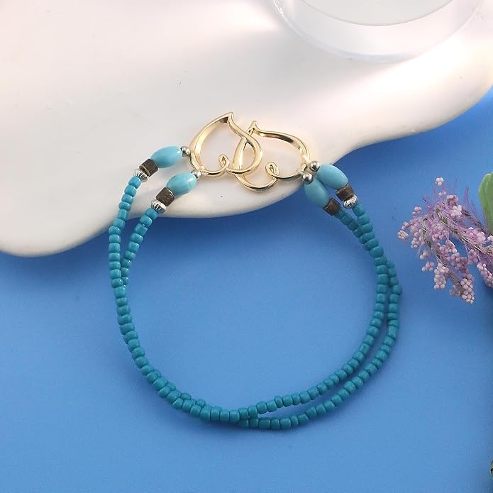 Elastic Beaded Ankle Bracelets for Women Double Heart Layered Stretch Ankle Bracelets Waterproof Dainty Boho Beaded Anklets for Summer Beach Foot Jewelry