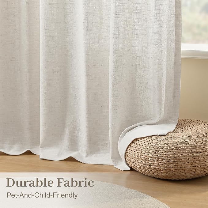 Extra Wide Pinch Pleated Linen Curtains for Living Room, Memory Trained Semi Sheer Curtain Pleated with Hooks Rings Back Tab Light Filtering Drapes for Sliding Door, 60x90, 1 Panel, Beige White