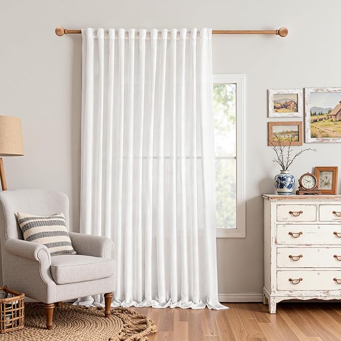 MYSKY HOME Floor to Ceiling Curtains 108 Inches Long White Semi Sheer Sliding Glass Door Draperies Back Tab Light Filtering Window Curtains & Drapes for Living Room Patio Farmhouse Privacy, 1 Pcs