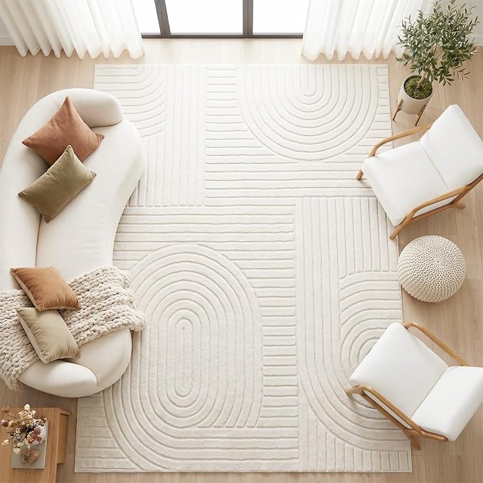Washable Beige 9x12 Modern Geometric Area Rugs Living Room Bedroom | Soft Plush Boho Solid Color Carpet, High-Low Pile 3D textured Durable Non-Slip 9'x12' Rugs for Kids Room, Nursery, Apartment