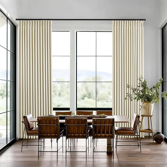 Pinch Pleated Curtains 100% Blackout Linen Curtains 102 Inches Long for Bedroom Living Room, Creamy Beige Memory Trained Thermal Insulated Room Darkening Window Drapes with Hooks 1 Panel 60"Wx102"L