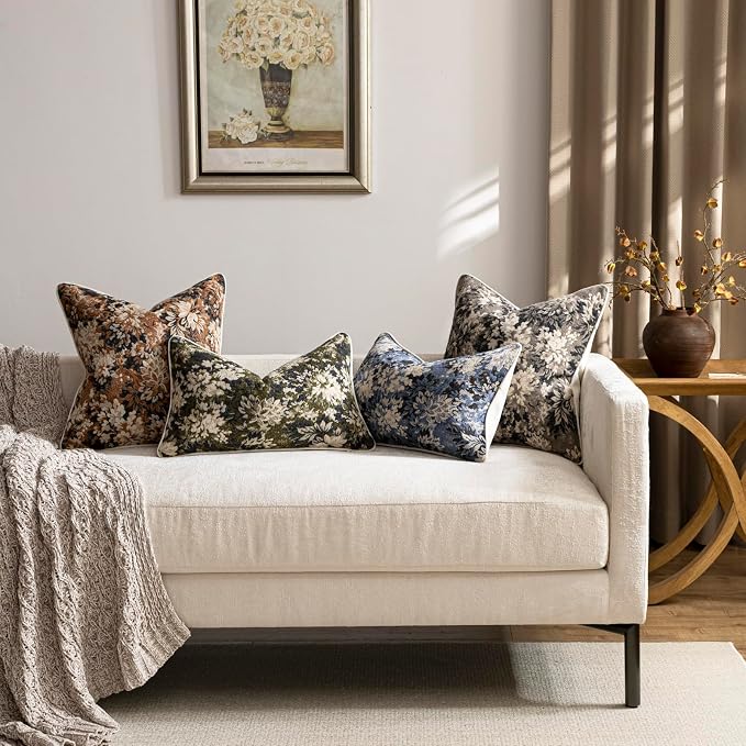 DEZENE Pack of 2 Vintage Floral Pillow Covers 12x20 Boho Farmhouse Accents Chenille Rectangular Lumbar Decorative Throw Pillow Cases for Living Room Couch Bed Home Decor, Olive Green