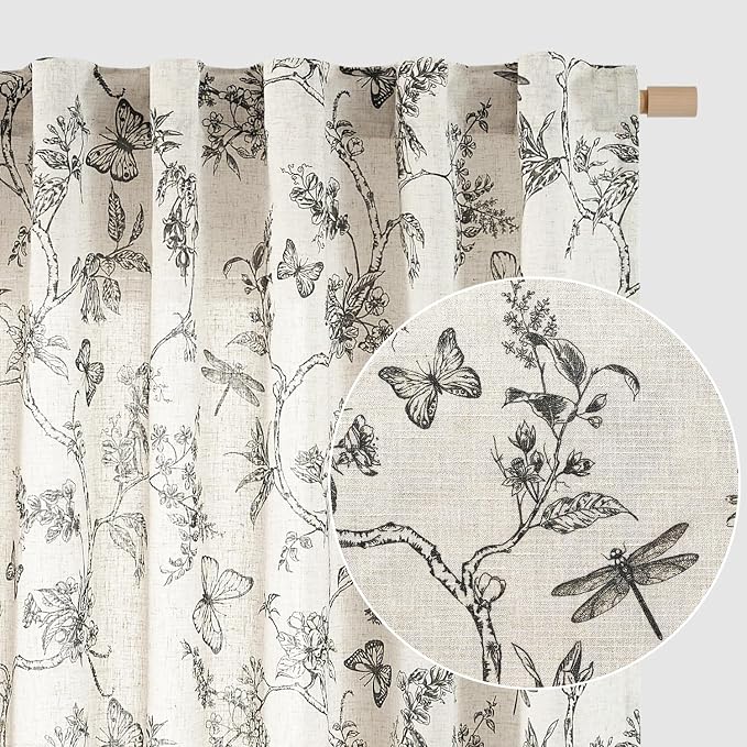 Lazzzy Charlotte Farmhouse Linen Curtains Black Floral Curtains 108 Inch Length Extra Long Drapes for Living Room Bedroom Light Filtering Country Vintage Rod Pocket Curtain, 2 Panels, Black on Beige