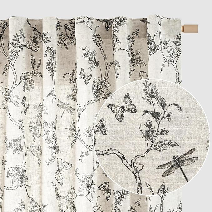 Lazzzy Charlotte Black Floral Linen Farmhouse Curtains 96 Inches Long Back Tab Drapes for Living Room Bedroom Light Filtering Country Vintage Rod Pocket Curtains,2 Panels, Black on Beige