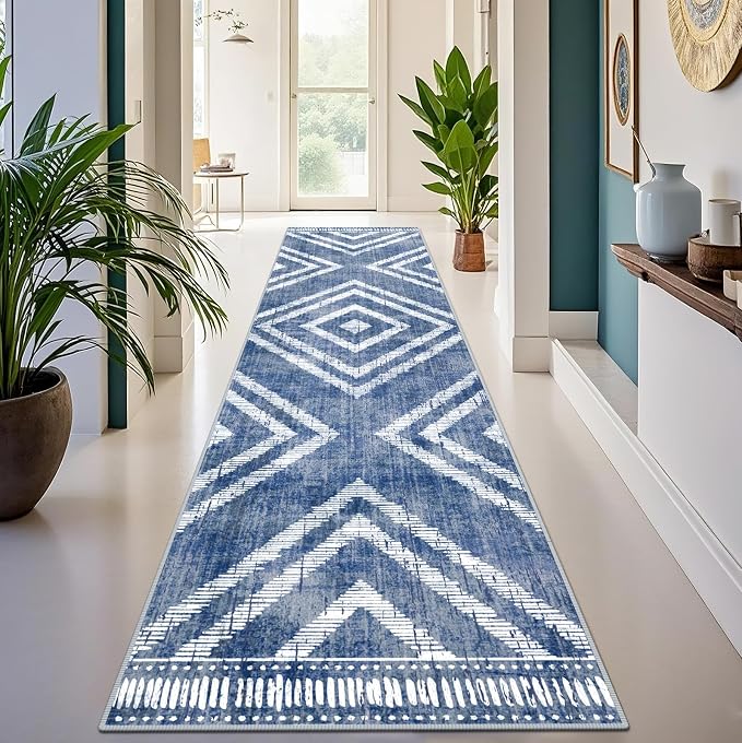 2x10Ft Boho Hallway Runner Rugs Non Slip, Blue Geometric Washable Rug Runners for Kitchen, Soft Low Pile Modern Farmhouse Entryway Floor Carpets for Entrance Doorway Bedroom Home Decor