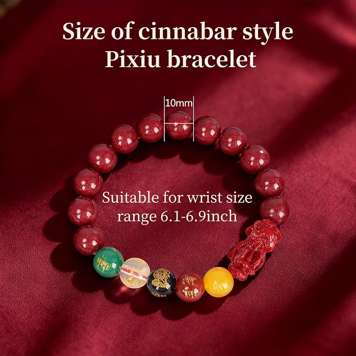Five Roads Wealth God Cinnabar Pixiu Bracelet - Feng Shui Red String Bracelet for Good Luck & Money Attraction, Fortune Blessing for Men & Women, Adjustable Lucky Charm Bracelet (Classic & Cinnabar Options, 8/10/12mm)