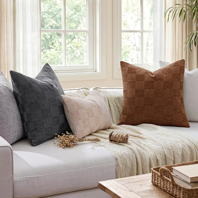 a moment Set of 2 Decorative Linen Throw Pillow Covers,Large Grid Textured Neutral Boho Farmhouse Cushion Covers,Soft Aesthetic Pillowcases for Couch Sofa Living Room Home Decor,22x22 Inch,Hazal