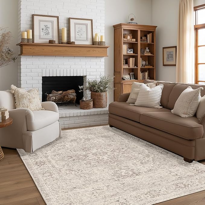 FMFUNCTEX 5x8 Washable Area Rug Neutral Vintage Beige Distressed Non Slip Low Pile Traditional Indoor Carpet for Living Room Bedroom Soft Retro Mat Throw Rug for Dining Office Kitchen Dorm Entryway