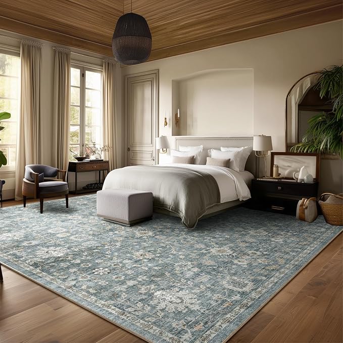 Washable Rugs for Living Room: 9x12 Area Rugs for Bedroom Ultra Soft Non-Slip Stain Resistant Vintage Boho Large Carpet for High-Traffic Dining Room - Farmhouse Decor
