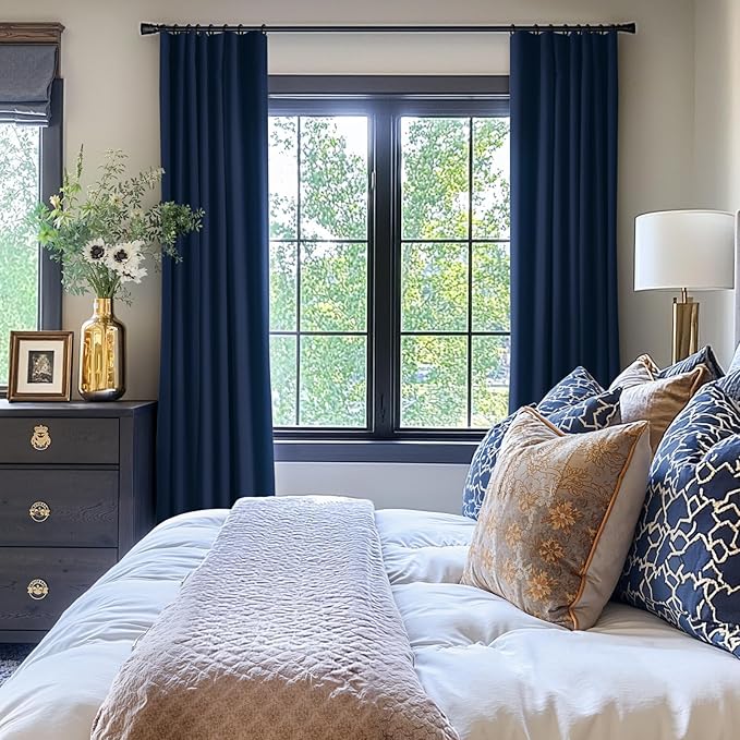 INOVADAY 100% Blackout Curtains for Bedroom, Midnight Blue Black Out Curtains 84 Inch Long, Clip Rings Linen Blackout Drapes, Thermal Insulated Room Darkening for Living Room, 2 Panels - W50xL84