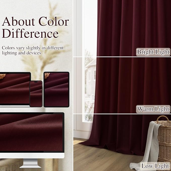 Guken 100% Blackout Curtains 96 Inch Length 2 Panels Set for Living Room Bedroom Back Tab Thermal Insulated Black Out Linen Drapes Room Darkening Window Curtains 96 Inches Long,Burgundy