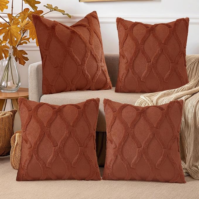 decorUhome Set of 4 Faux Fur Rust Throw Pillow Covers 18x18 | Neutral Decorative Soft Plush Couch Pillow Covers, Farmhouse Pillow Cases for Living Room Bed Sofa