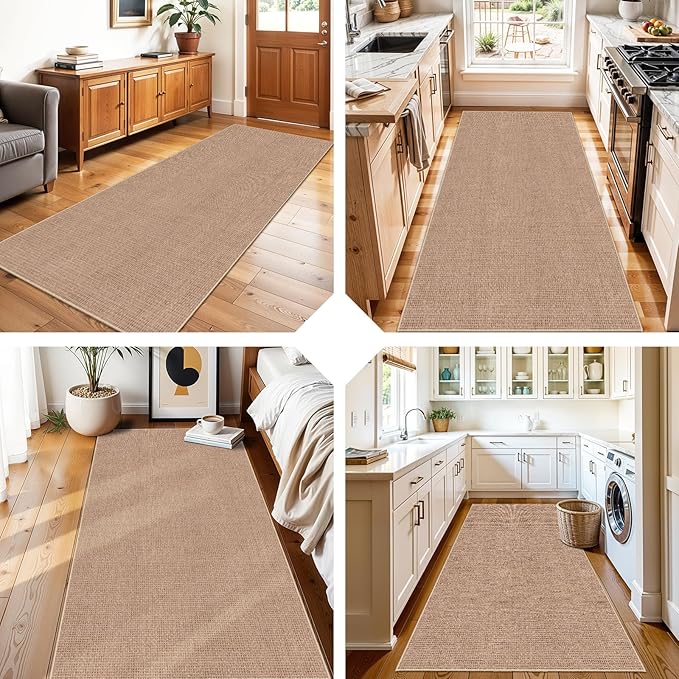 3x6 Runner Rug Washable Non Slip: Solid Color Faux Jute Boho Kitchen Rug | Thin Easy Clean Indoor Farmhouse Rug for Entryway Kitchen Hallway Bedroom - Outdoor Patio Rug, Modern Decor Mat (Beige,3x6)