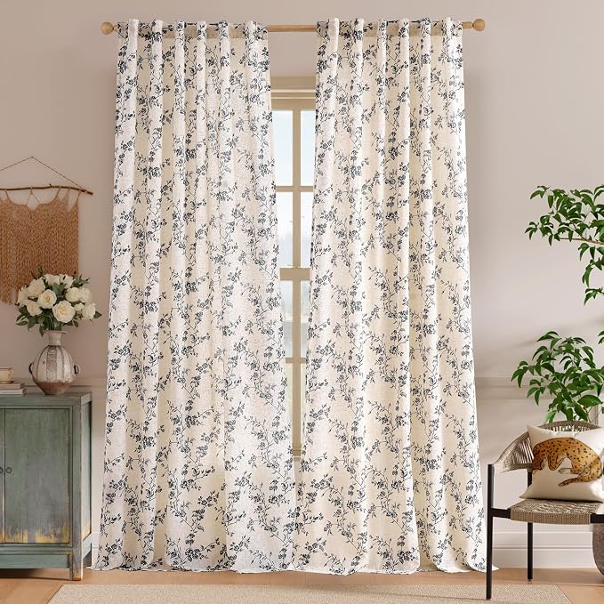 Lazzzy Farmhouse Linen Curtains Black Floral Curtains 96 Inch Length Back Tab Drapes for Living Room Bedroom Light Filtering Country Vintage Rod Pocket, 2 Panels, Black on Beige