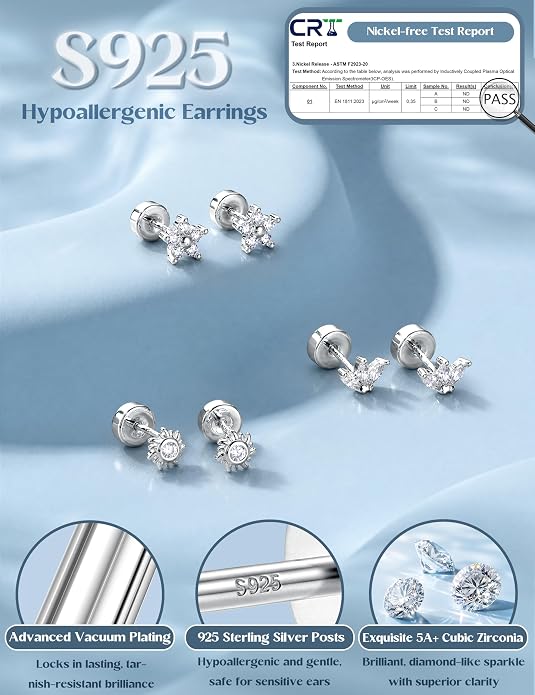 ORAZIO 925 Sterling Silver Flat Back Stud Earrings for Women Hypoallergenic 14K Gold Plated Cartilage Earrings for Sensitive Ears Small CZ Opal Conch Helix Tragus Piercing Jewelry 3 Pairs 20G