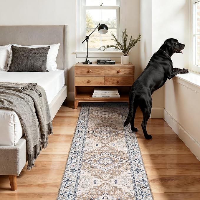 Lofus 2'6"x10' Runner Rug for Hallways, Washable Kitchen Rugs, Non-Slip Rugs for Entryway and Bedroom, Vintage Boho Carpet, Soft Low Pile Long Runner Area Rug, Floral Brown