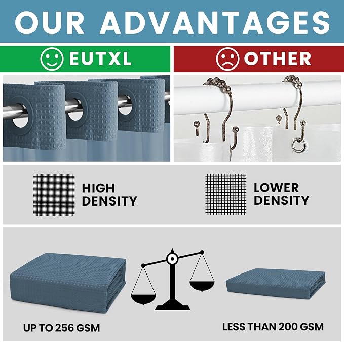 EUTXL Heavyweight Moonlight Blue Stall No Hook Shower Curtain with Snap in Liner,256GSM Waffle Weave Shower Curtains for Bathroom,54W x 80H