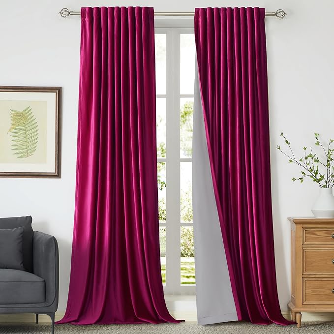 100% Full Blackout Hot Pink Velvet Curtains - 90 inch Long for Living Room & Bedroom, Set of 2 Liner Rod Pocket Back Tab Thermal Window Curtains, Room Darkening Heavy Decorative Drapes