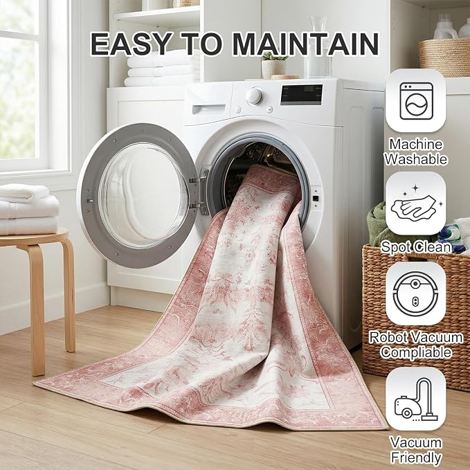 3'x5' Vintage Floral Nursery Rug - Ultra Soft Washable Area Rug for Baby Girl Room, 0.26" Low Pile Faux Wool Carpet for Bedroom Bedside - Non-Slip Silicone Backing, Pink & White