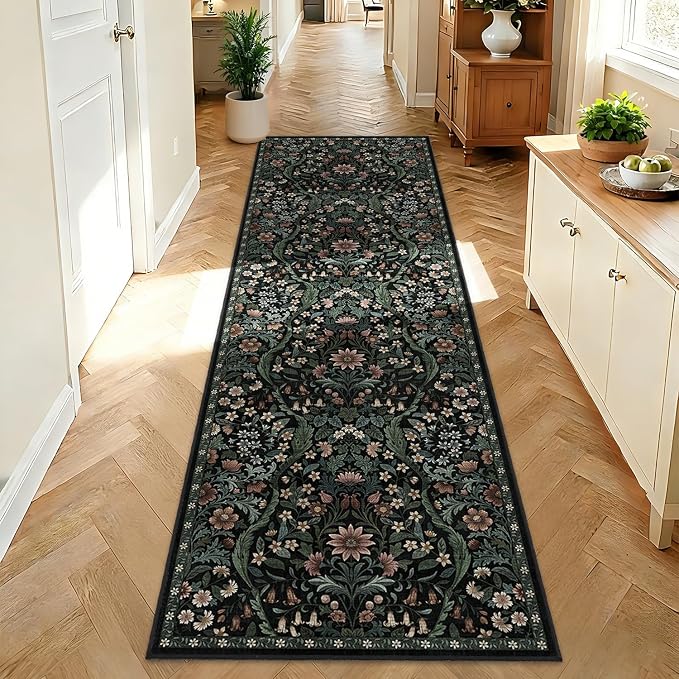 2’6″x 8’ Washable Runner Rug,Black Floral Boho Area Rug for Hallway,Low-Pile Non-Slip Stain Resistant Carpet for Kitchen, Bedside,Laundry Room,Entryway