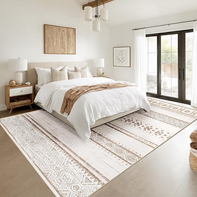 BESTSWEETIE 3x5 Area Rugs for Living Room Washable Moroccan Farmhouse Neutral Geometric Low Pile Non-Slip Soft Print Pattern Rug for Bedroom Kitchen Dining Room Entryway Cream/Brown/Pink