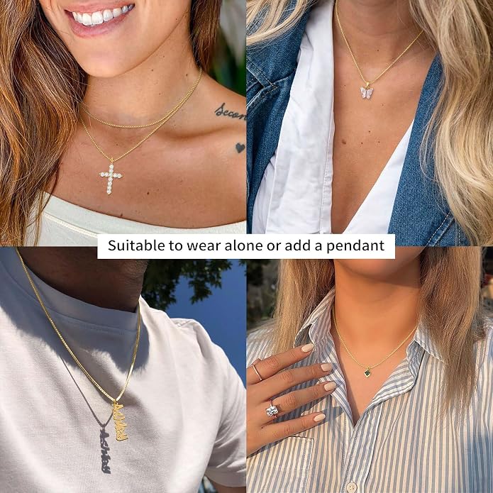 ASHINE 18K Gold Box Chain Necklace for Women, 1mm Italian Lobster Clasp Chains, Dainty & Sturdy Necklace with Silver Polishing Cloth Available in 16-36 Inch