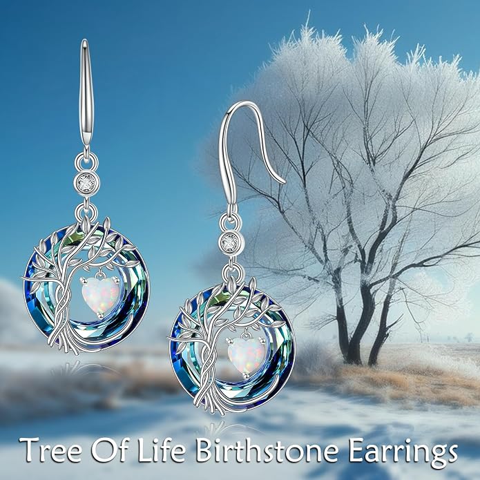 POPLYKE Tree of Life Birthstone Earrings 925 Sterling Silver Dainty Gemstone Birthstone Dangle Drop Earring with Crystal Fine Jewelry Birthday Gifts for Women Her