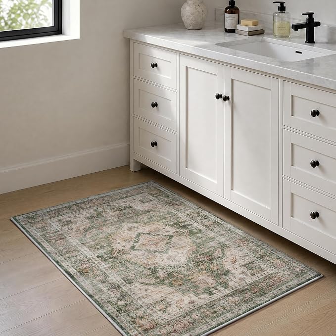 AMOAMI-2X3 Small Rug-Washable Rugs Entryway Mat Indoor-Soft Vintage Non Slip Rugs for Kitchen Laundry Room Bathroom Green Decorative Accent Rug for in Front of Sink 24 Inch x36 Inch