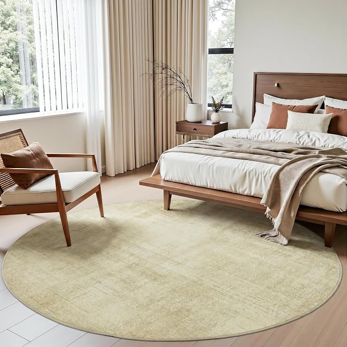 Joydeco Boho Abstract Beige Round Rugs 6FT, Washable Circle Area Rug for Bedroom Living Room Playroom, Non Slip Circular Neutral Classic Throw Carpet for Nursery Dorm Classroom Dining Room
