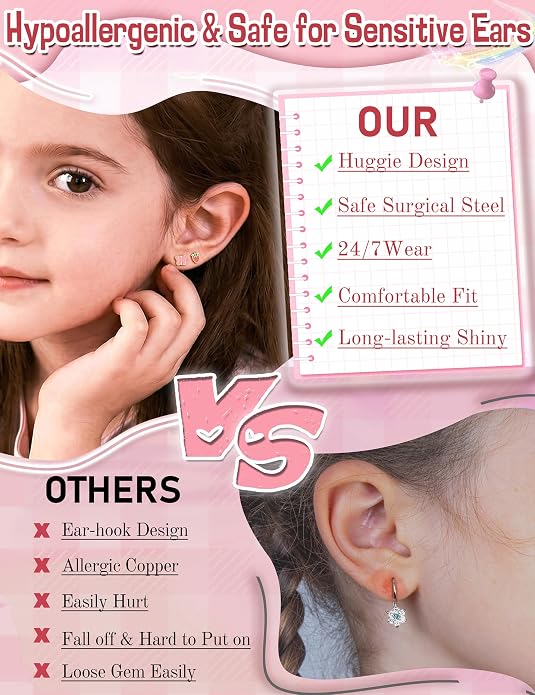YADOCA 11 Pairs Hypoallergenic Earrings for Girls Women Surgical Steel Flat Back Stud Earrings Dangle Huggie Hoop Cute Heart Butterfly Flower Strawberry Screwback Earring Set Toddler Jewelry Gift