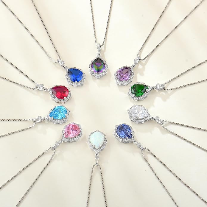 Fahonie Birthstone Necklace for Women 925 Sterling Silver Teardrop Gemstone Pendant Necklace Anniversary Birthday Christmas Cubic Zirconia Jewelry Gifts for Women Mom