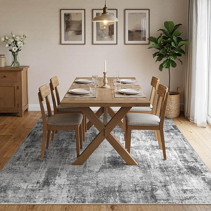 DMOYEST 10x12 Area Rug for Living Room, Washable & Non Slip Large Indoor Carpet, Kid & Pet Friendly Soft Thin Low Pile Abstract Rug for Bedroom and Office - Black