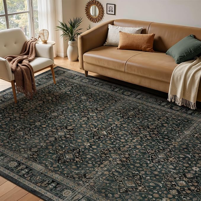 Dark Teal Rugs for Living Room 6x9, Vintage Dining Room Rugs for Under Table, Washable Low Plie Carpet Rug for Bedroom, Non Slip Moroccan Floral Trellis Rug for Home Office, Green Brown Accents
